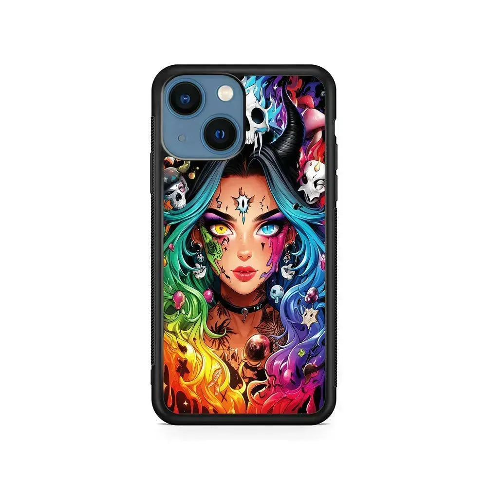 Anime Witch Girl Art iPhone 13 Mini Case-Rubber / Black (2D Case)-Xtracase