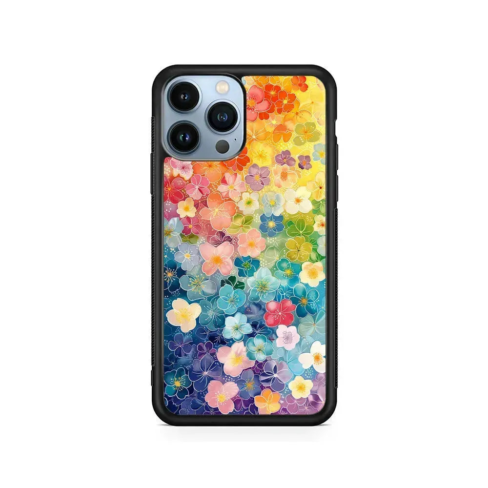 Artistic Rainbow Flower Pattern iPhone 15 Pro Max Case-Rubber / Black (2D Case)-Xtracase