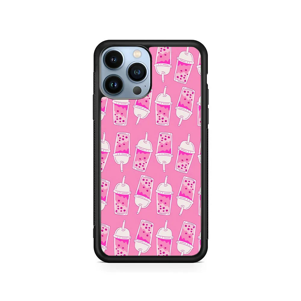 Bubble Tea Pink Pattern iPhone 13 Pro Case-Rubber / Black (2D Case)-Xtracase