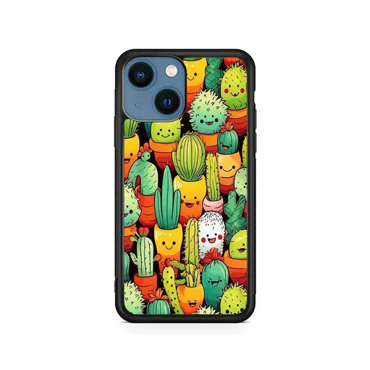 Cactus Cartoon in Pots iPhone 13 Mini Case-Rubber / Black (2D Case)-Xtracase