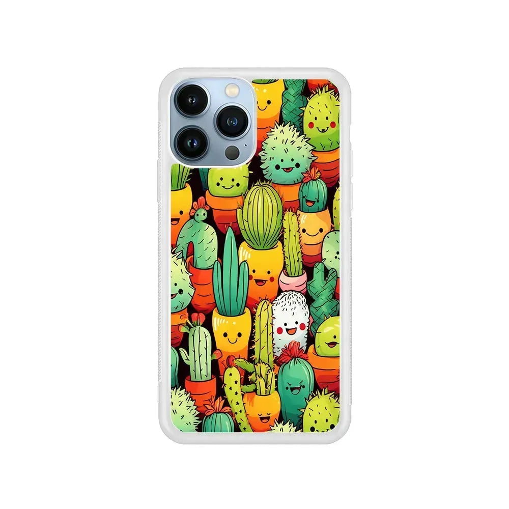 Cactus Cartoon in Pots iPhone 15 Pro Max Case-Rubber / White (2D Case)-Xtracase