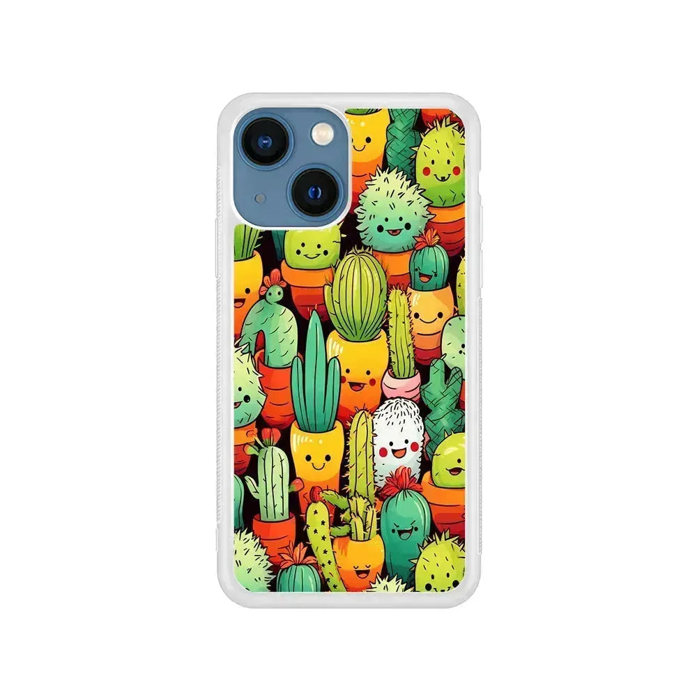 Cactus Cartoon in Pots iPhone 13 Mini Case-Rubber / White (2D Case)-Xtracase
