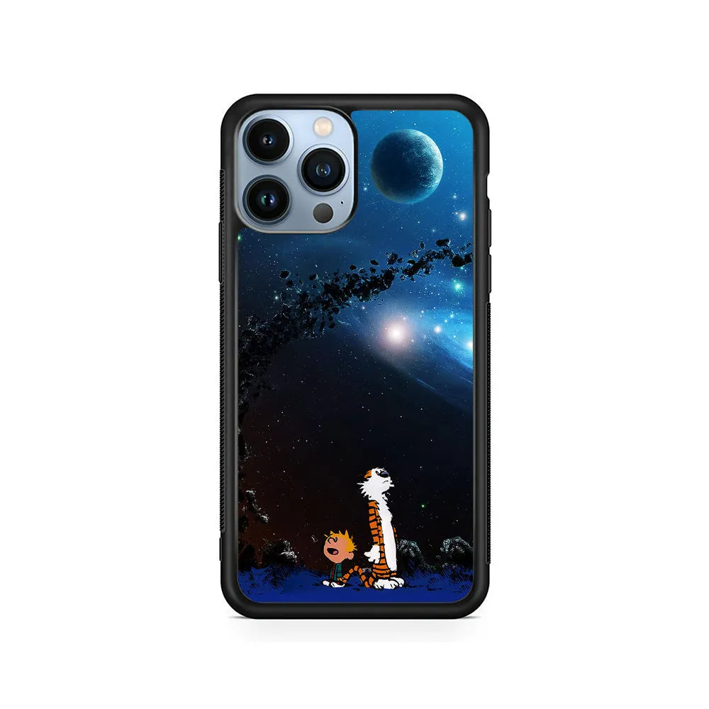Calvin and Hobbes Galaxy iPhone 13 Pro Case-Rubber / Black (2D Case)-Xtracase