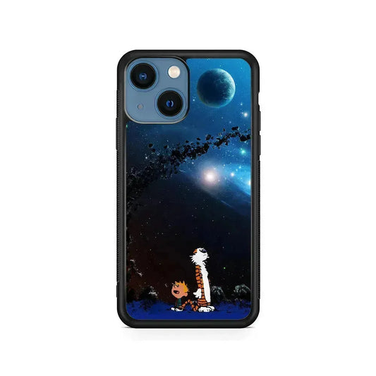 Calvin and Hobbes Galaxy iPhone 13 Mini Case-Rubber / Black (2D Case)-Xtracase