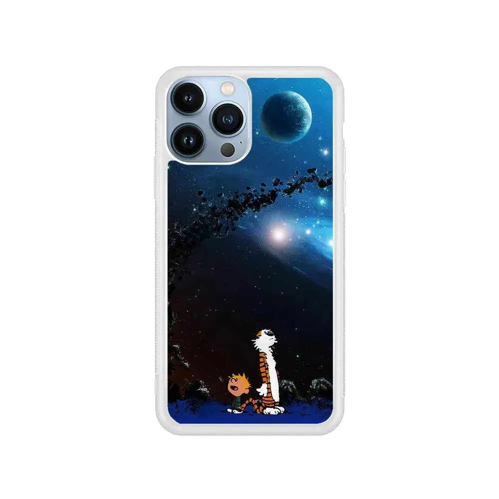 Calvin and Hobbes Galaxy iPhone 15 Pro Max Case-Rubber / White (2D Case)-Xtracase