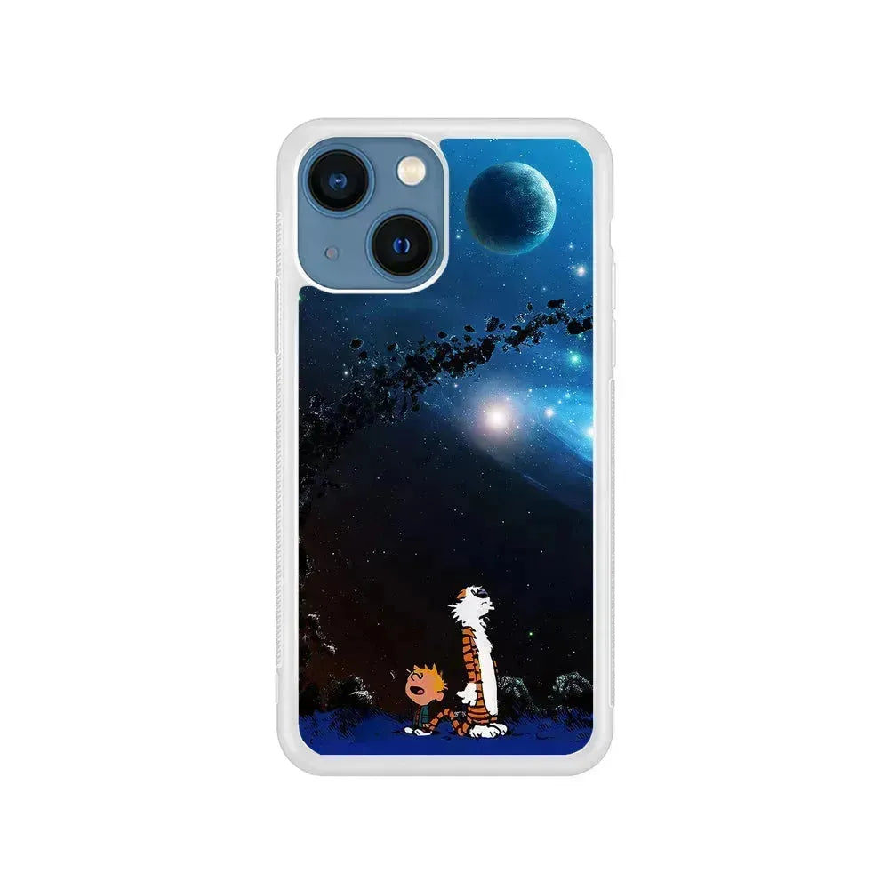 Calvin and Hobbes Galaxy iPhone 13 Mini Case-Rubber / White (2D Case)-Xtracase