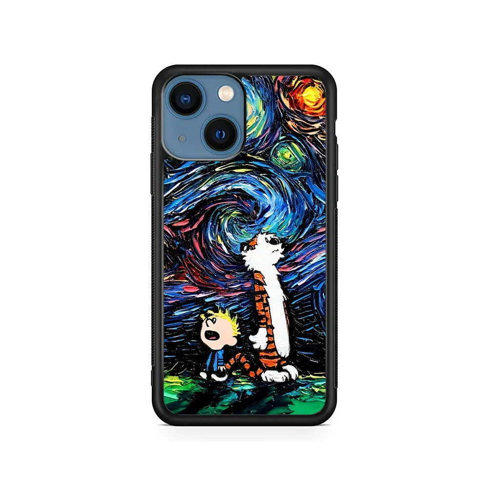 Calvin and Hobbes Starry Night iPhone 14 Plus Case-Rubber / Black (2D Case)-Xtracase