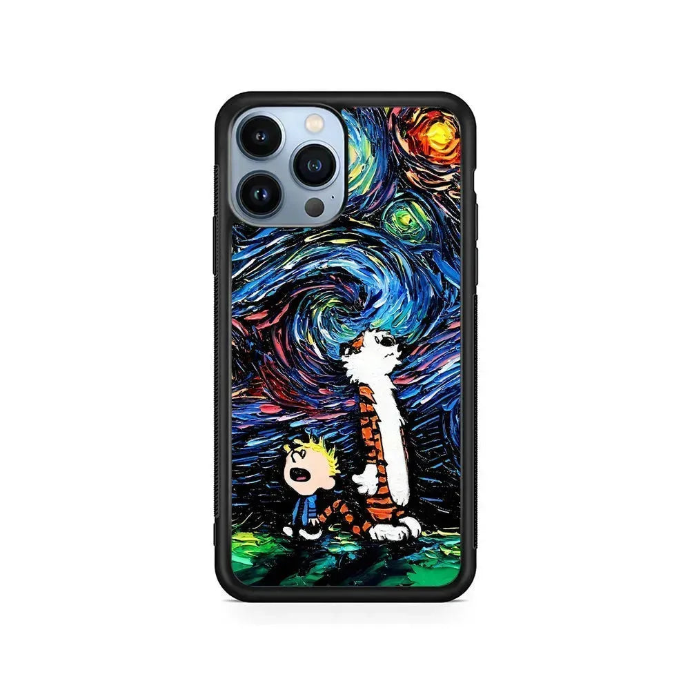 Calvin and Hobbes Starry Night iPhone 15 Pro Max Case-Rubber / Black (2D Case)-Xtracase