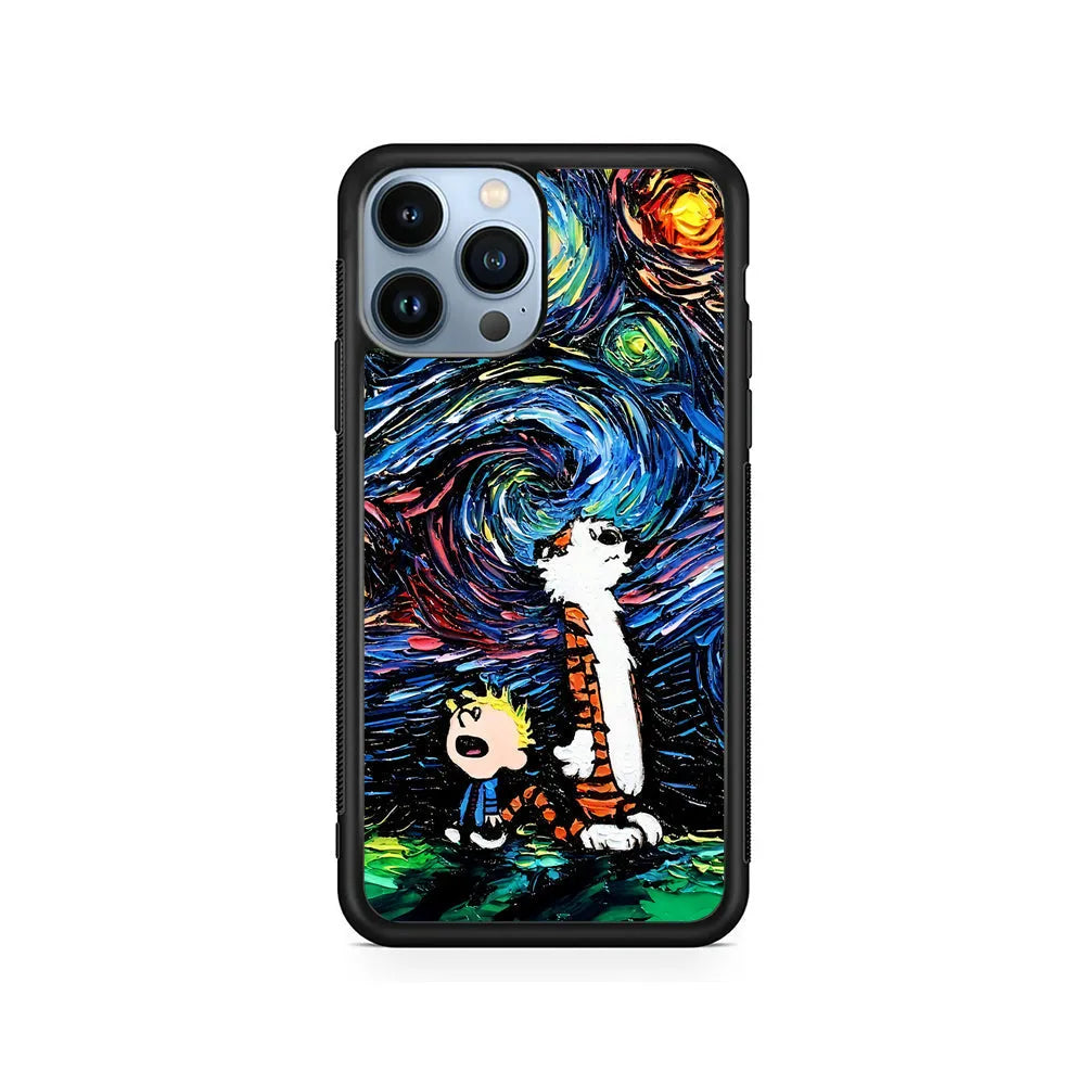 Calvin and Hobbes Starry Night iPhone 13 Pro Case-Rubber / Black (2D Case)-Xtracase
