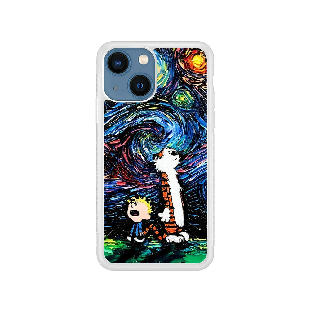 Calvin and Hobbes Starry Night iPhone 14 Plus Case-Rubber / White (2D Case)-Xtracase