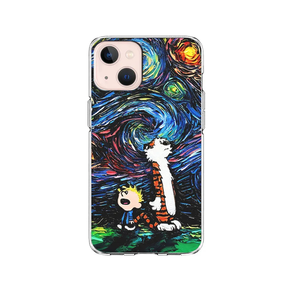 Calvin and Hobbes Starry Night iPhone 14 Plus Case-Clear Soft Case-Xtracase
