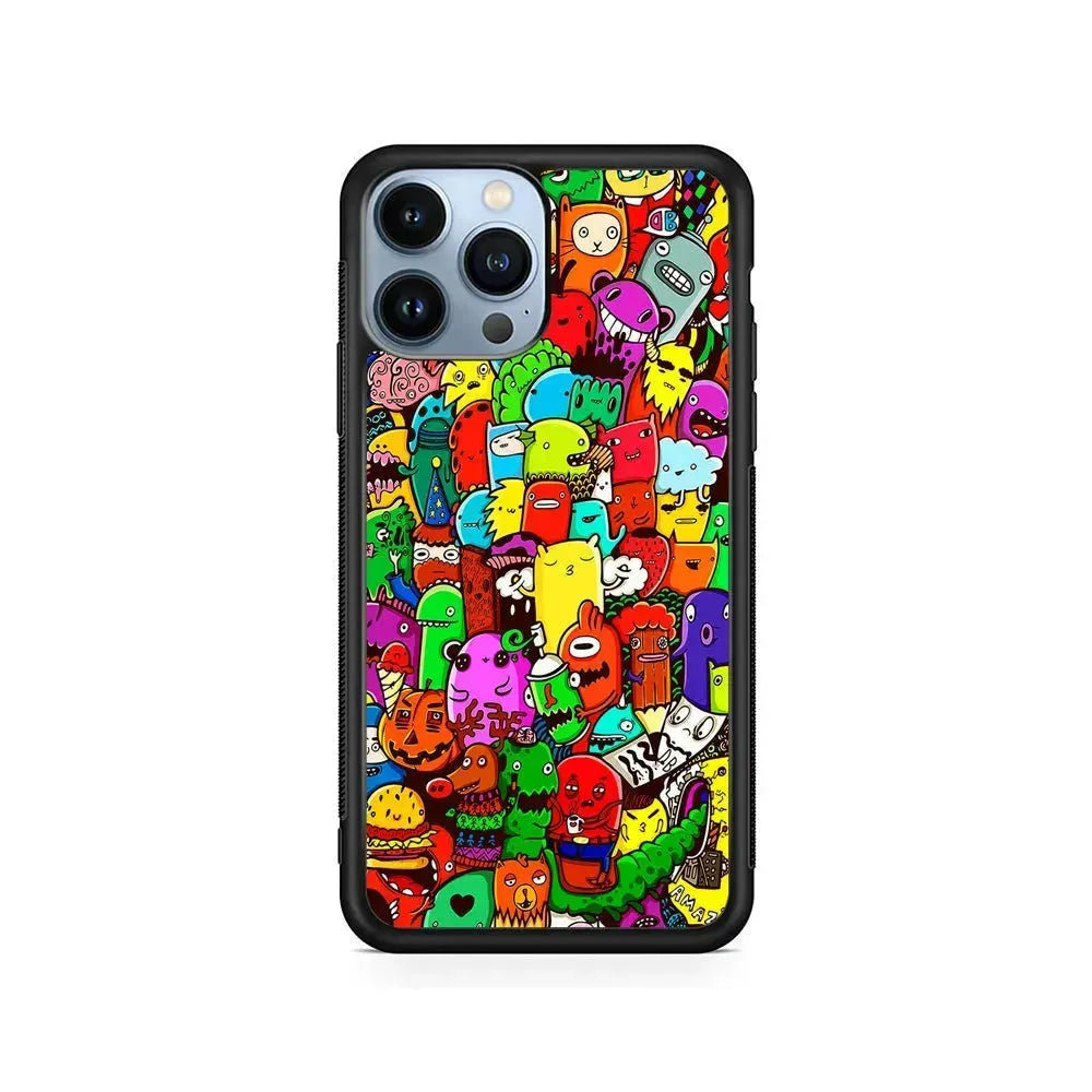 Cartoon Doodle Drawing Art iPhone 15 Pro Max Case-Rubber / Black (2D Case)-Xtracase