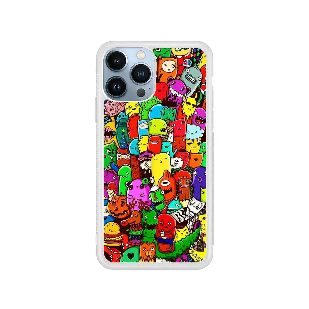 Cartoon Doodle Drawing Art iPhone 15 Pro Max Case-Rubber / White (2D Case)-Xtracase