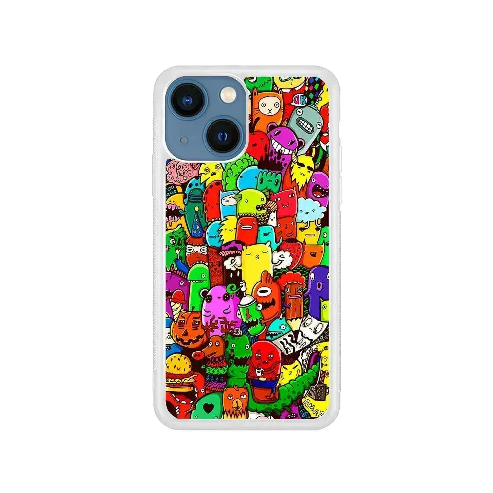 Cartoon Doodle Drawing Art iPhone 13 Mini Case-Rubber / White (2D Case)-Xtracase