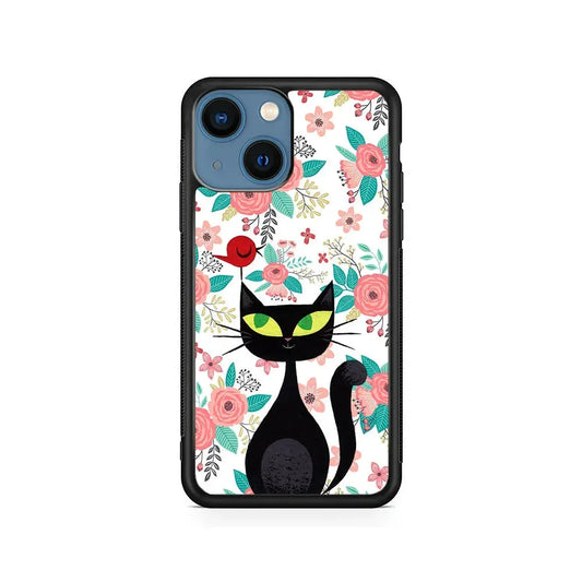 Cat Flower and Bird iPhone 13 Mini Case-Rubber / Black (2D Case)-Xtracase