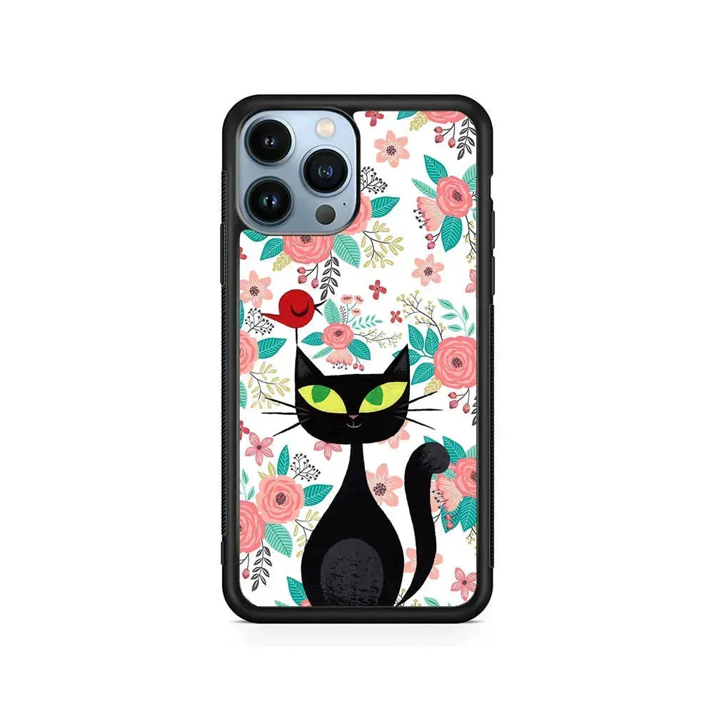 Cat Flower and Bird iPhone 15 Pro Max Case-Rubber / Black (2D Case)-Xtracase