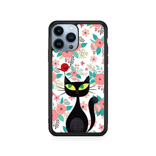 Cat Flower and Bird iPhone 13 Pro Case-Rubber / Black (2D Case)-Xtracase