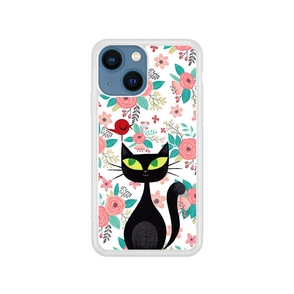 Cat Flower and Bird iPhone 14 Plus Case-Rubber / White (2D Case)-Xtracase