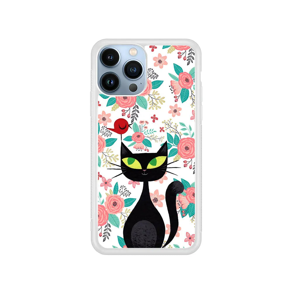 Cat Flower and Bird iPhone 13 Pro Case-Rubber / White (2D Case)-Xtracase