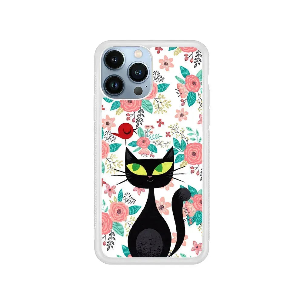 Cat Flower and Bird iPhone 15 Pro Max Case-Rubber / White (2D Case)-Xtracase