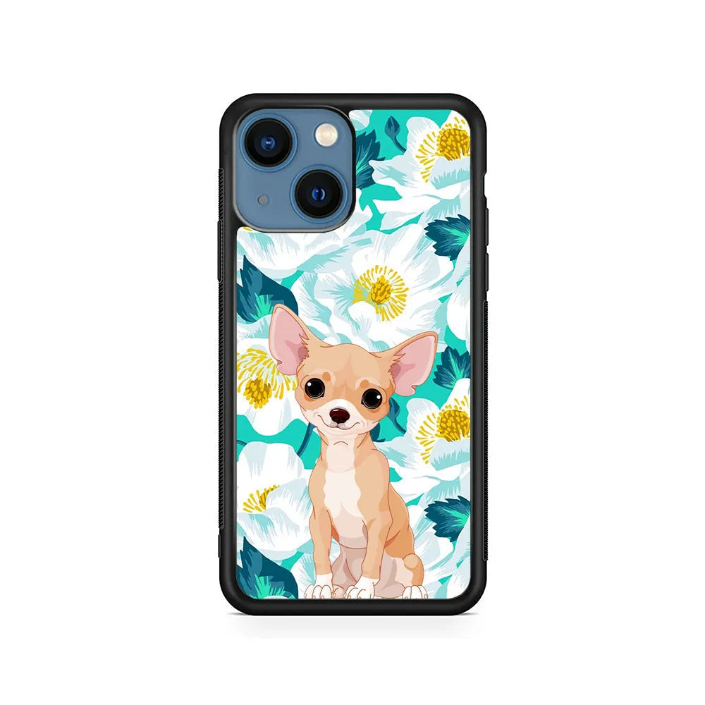 Chihuahua Dog Flower Blue iPhone 15 Plus Case-Rubber / Black (2D Case)-Xtracase