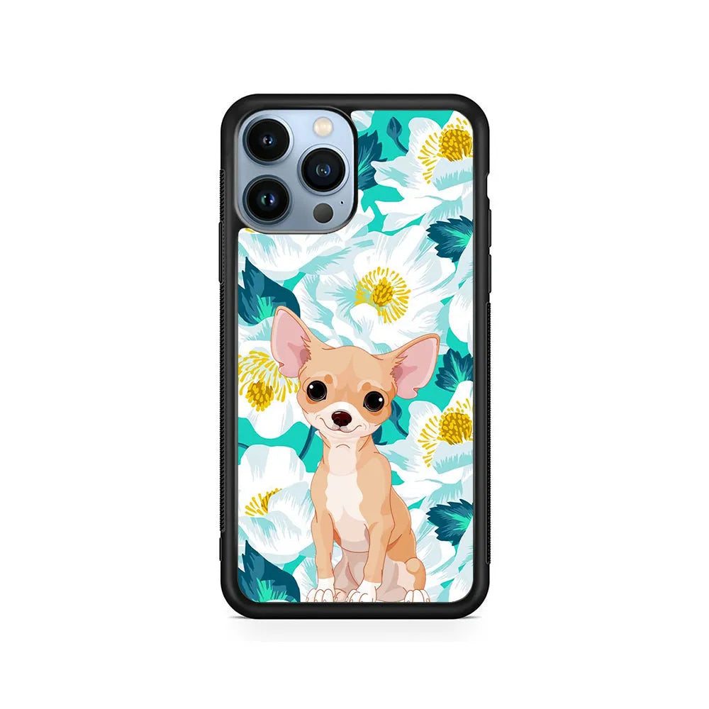 Chihuahua Dog Flower Blue iPhone 13 Pro Case-Rubber / Black (2D Case)-Xtracase