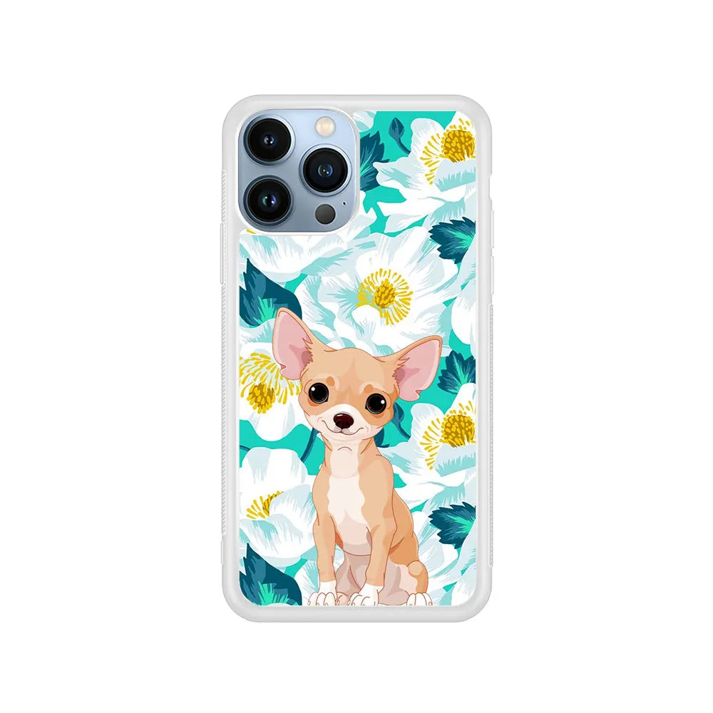 Chihuahua Dog Flower Blue iPhone 13 Pro Max Case-Rubber / White (2D Case)-Xtracase