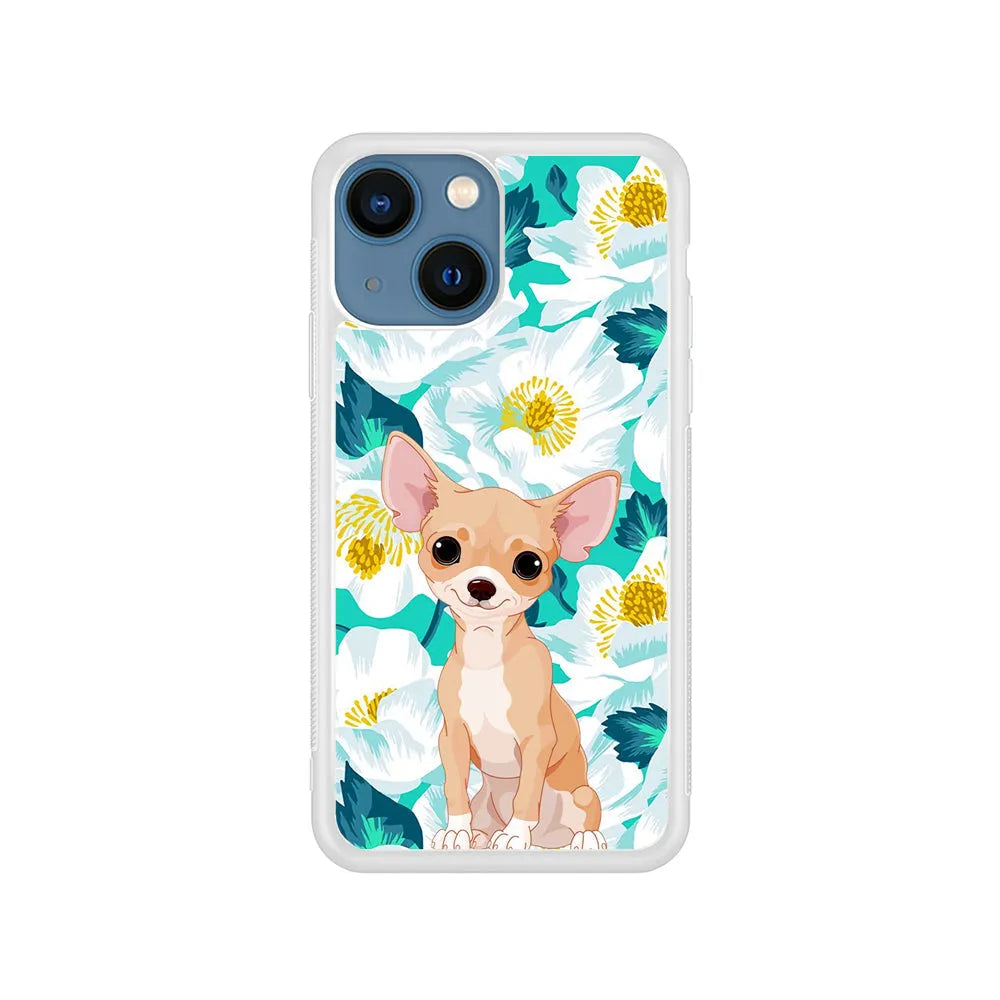 Chihuahua Dog Flower Blue iPhone 15 Plus Case-Rubber / White (2D Case)-Xtracase