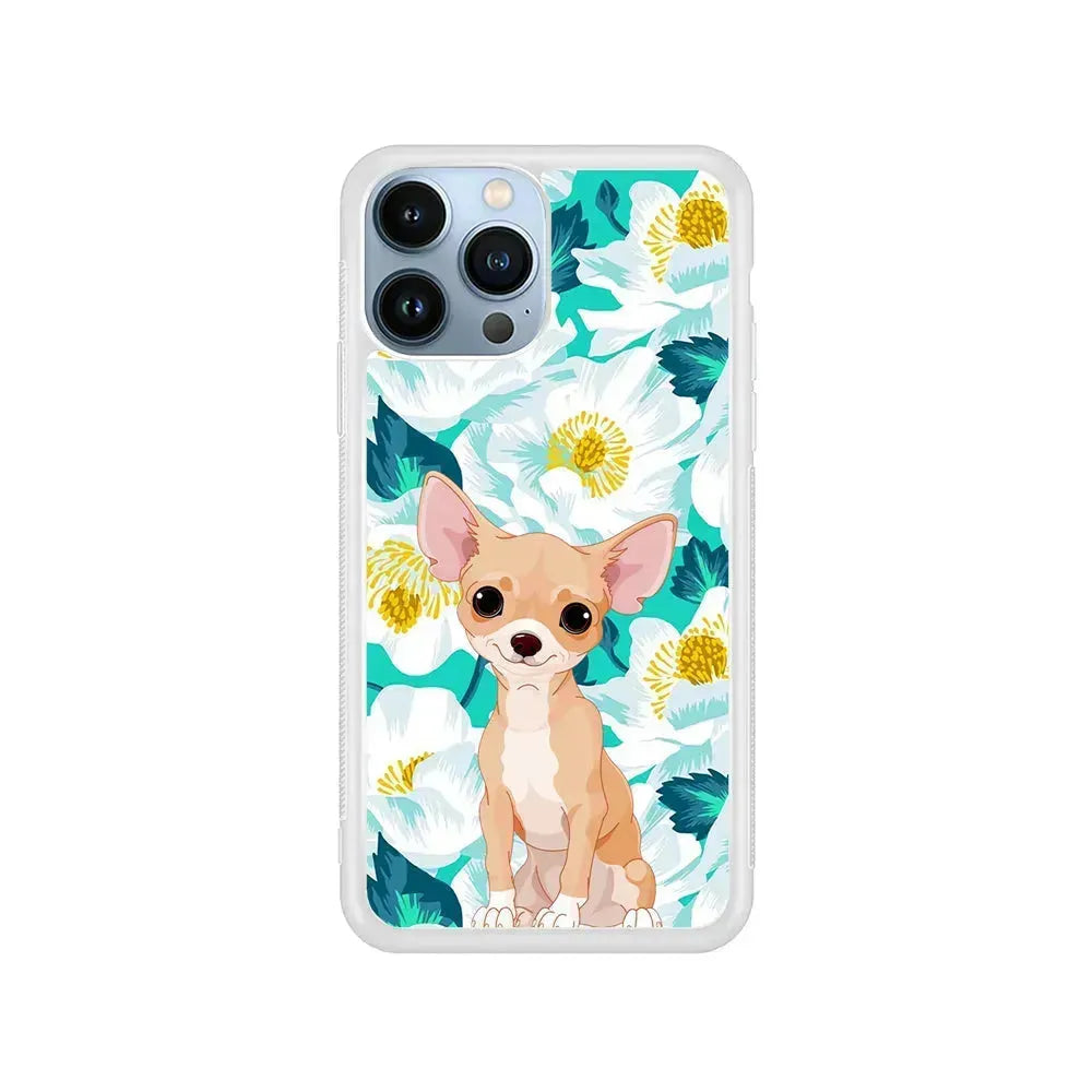 Chihuahua Dog Flower Blue iPhone 15 Pro Max Case-Rubber / White (2D Case)-Xtracase