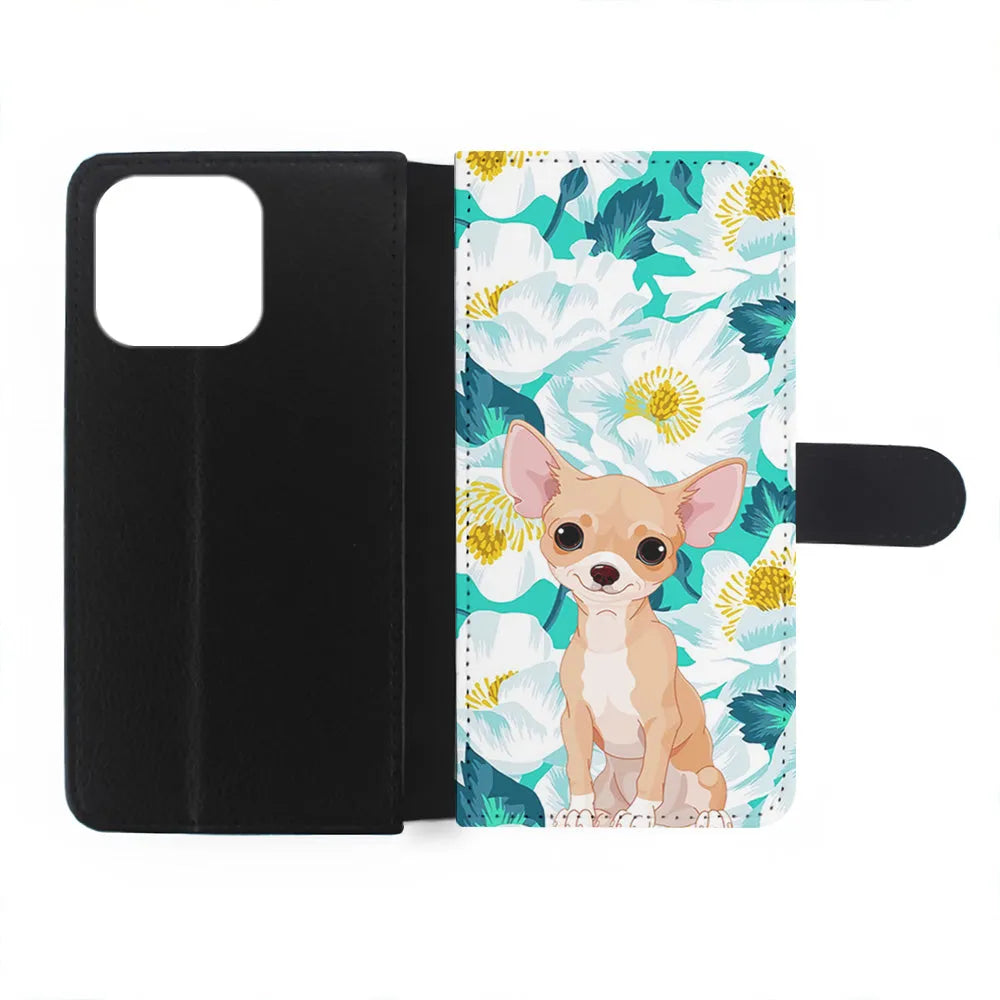 Chihuahua Dog Flower Blue iPhone 15 Plus Case-Flip Wallet Case-Xtracase