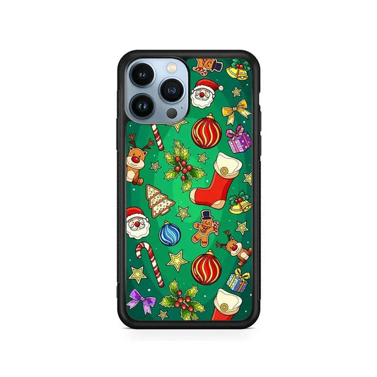 Christmas Ornaments Pattern Green iPhone 15 Pro Max Case-Rubber / Black (2D Case)-Xtracase