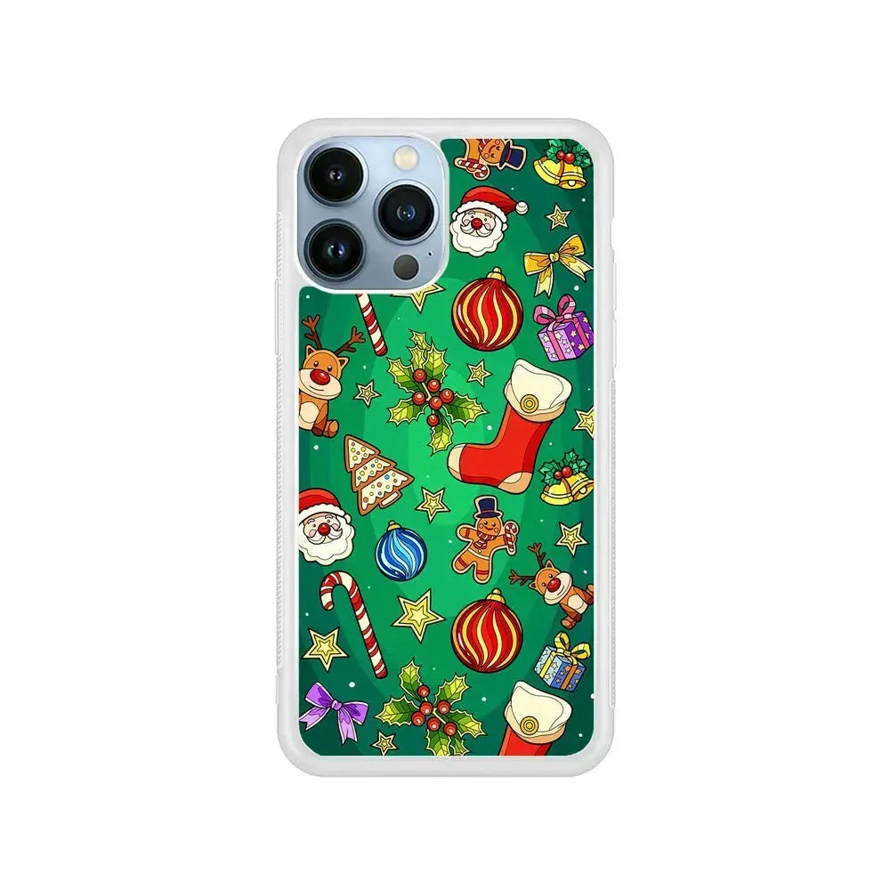 Christmas Ornaments Pattern Green iPhone 15 Pro Max Case-Rubber / White (2D Case)-Xtracase