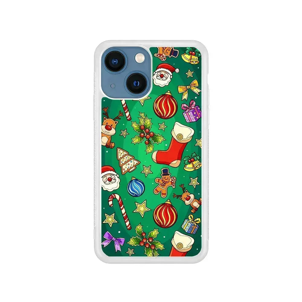 Christmas Ornaments Pattern Green iPhone 13 Mini Case-Rubber / White (2D Case)-Xtracase