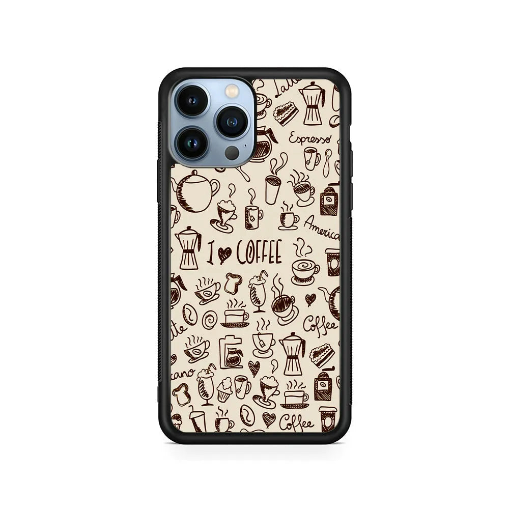 Coffee Time Doodle iPhone 13 Pro Case-Rubber / Black (2D Case)-Xtracase