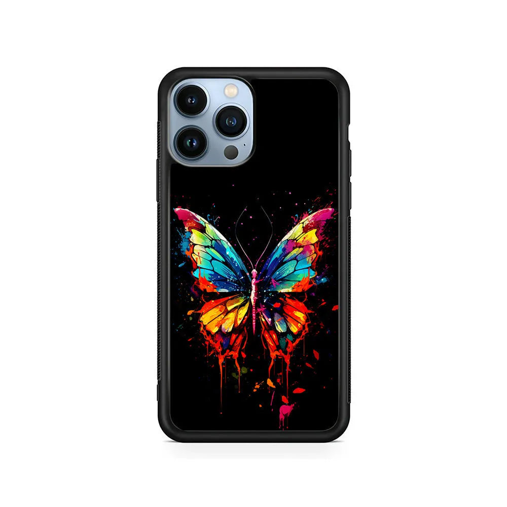 Colorful Butterfly Painting on Black iPhone 13 Pro Case-Rubber / Black (2D Case)-Xtracase