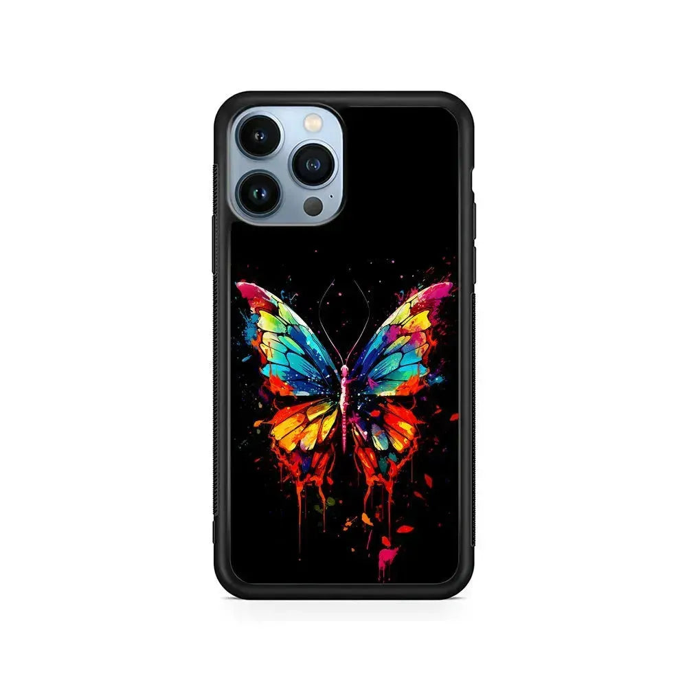 Colorful Butterfly Painting on Black iPhone 15 Pro Max Case-Rubber / Black (2D Case)-Xtracase
