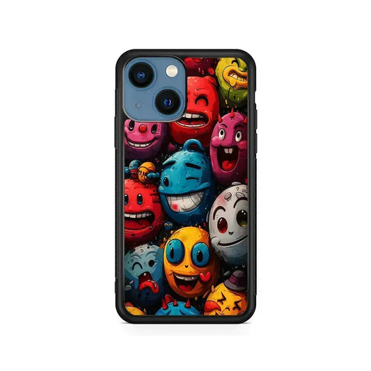Colorful Funny Emoticons Doodle iPhone 13 Mini Case-Rubber / Black (2D Case)-Xtracase