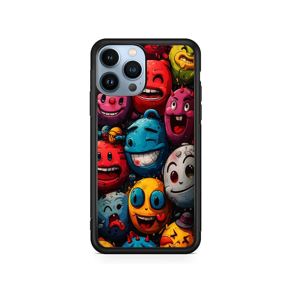 Colorful Funny Emoticons Doodle iPhone 13 Pro Case-Rubber / Black (2D Case)-Xtracase