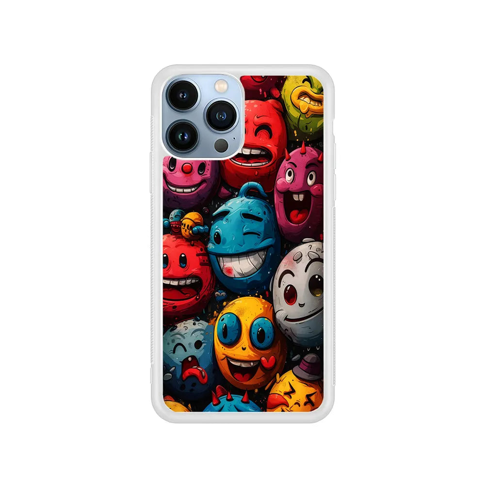 Colorful Funny Emoticons Doodle iPhone 13 Pro Max Case-Rubber / White (2D Case)-Xtracase