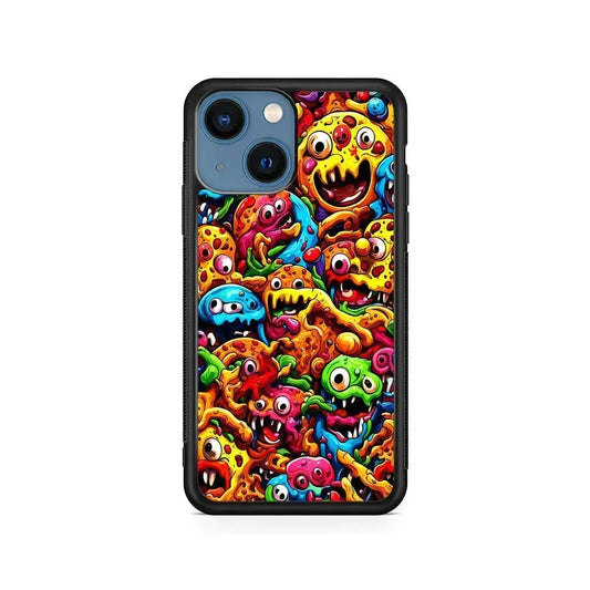 Colorful Monster Doodle Pizza iPhone 13 Mini Case-Rubber / Black (2D Case)-Xtracase