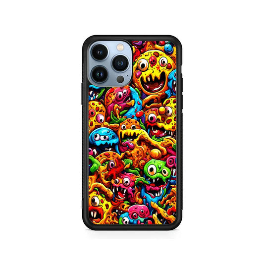 Colorful Monster Doodle Pizza iPhone 13 Pro Max Case-Rubber / Black (2D Case)-Xtracase