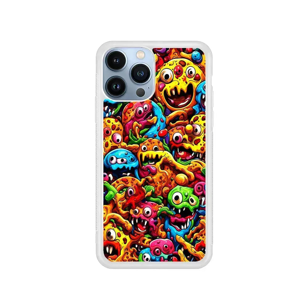 Colorful Monster Doodle Pizza iPhone 15 Pro Max Case-Rubber / White (2D Case)-Xtracase