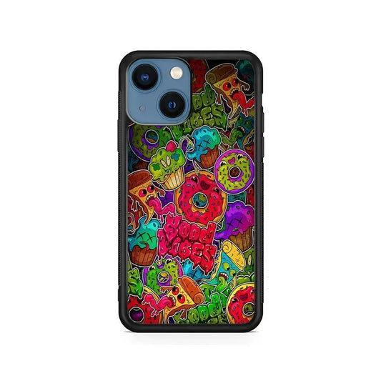 Colorful Scary Food Doodle iPhone 13 Mini Case-Rubber / Black (2D Case)-Xtracase