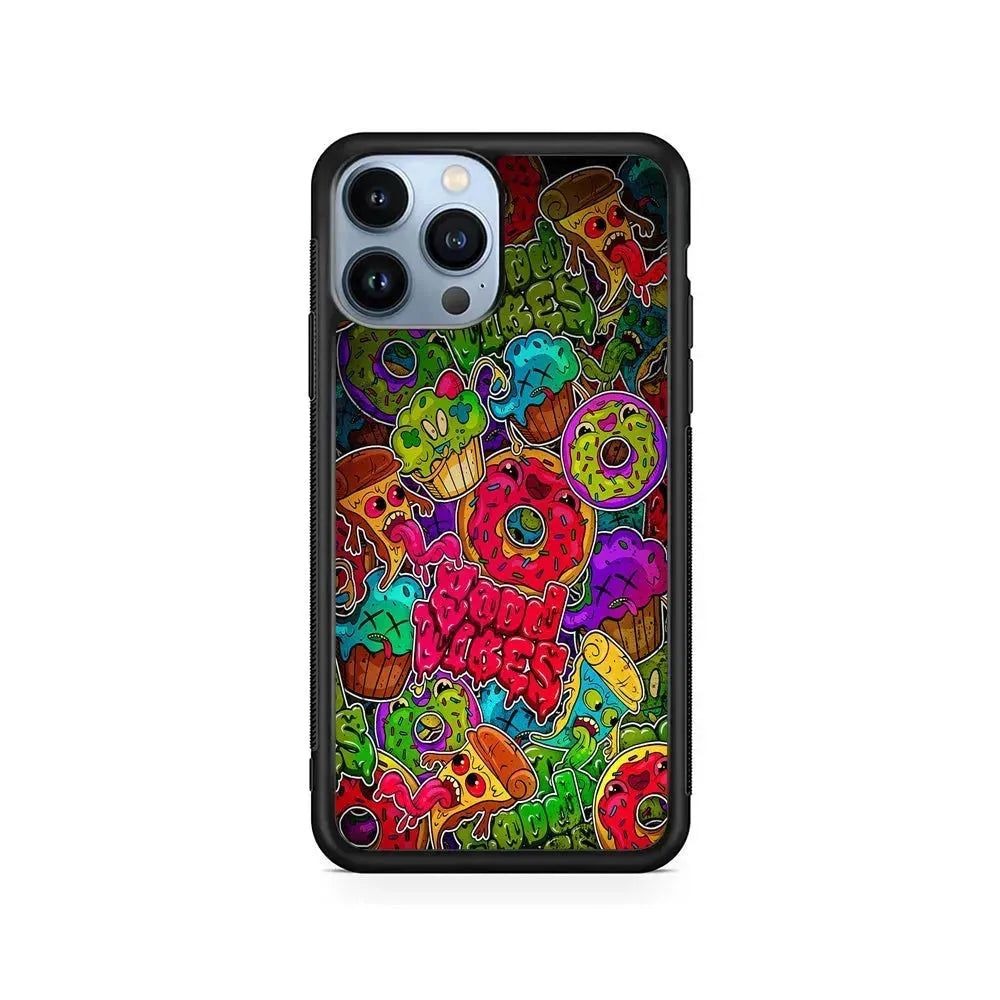 Colorful Scary Food Doodle iPhone 15 Pro Max Case-Rubber / Black (2D Case)-Xtracase