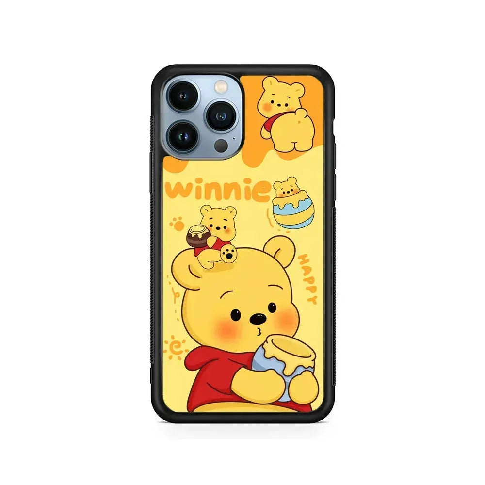 Cute Winnie The Pooh Happy iPhone 15 Pro Max Case-Rubber / Black (2D Case)-Xtracase