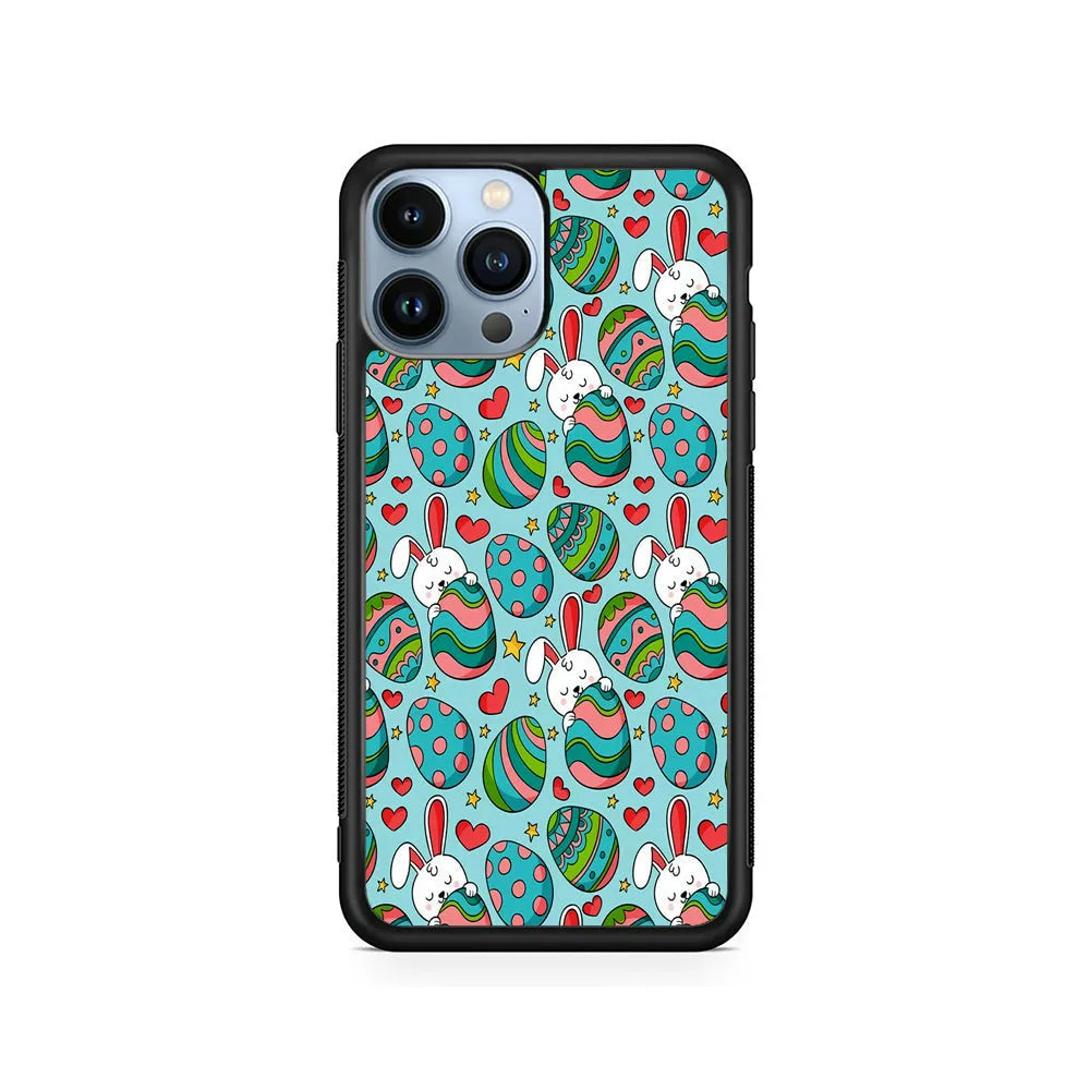 Easter Eggs and Rabbits Pattern iPhone 13 Pro Case-Rubber / Black (2D Case)-Xtracase