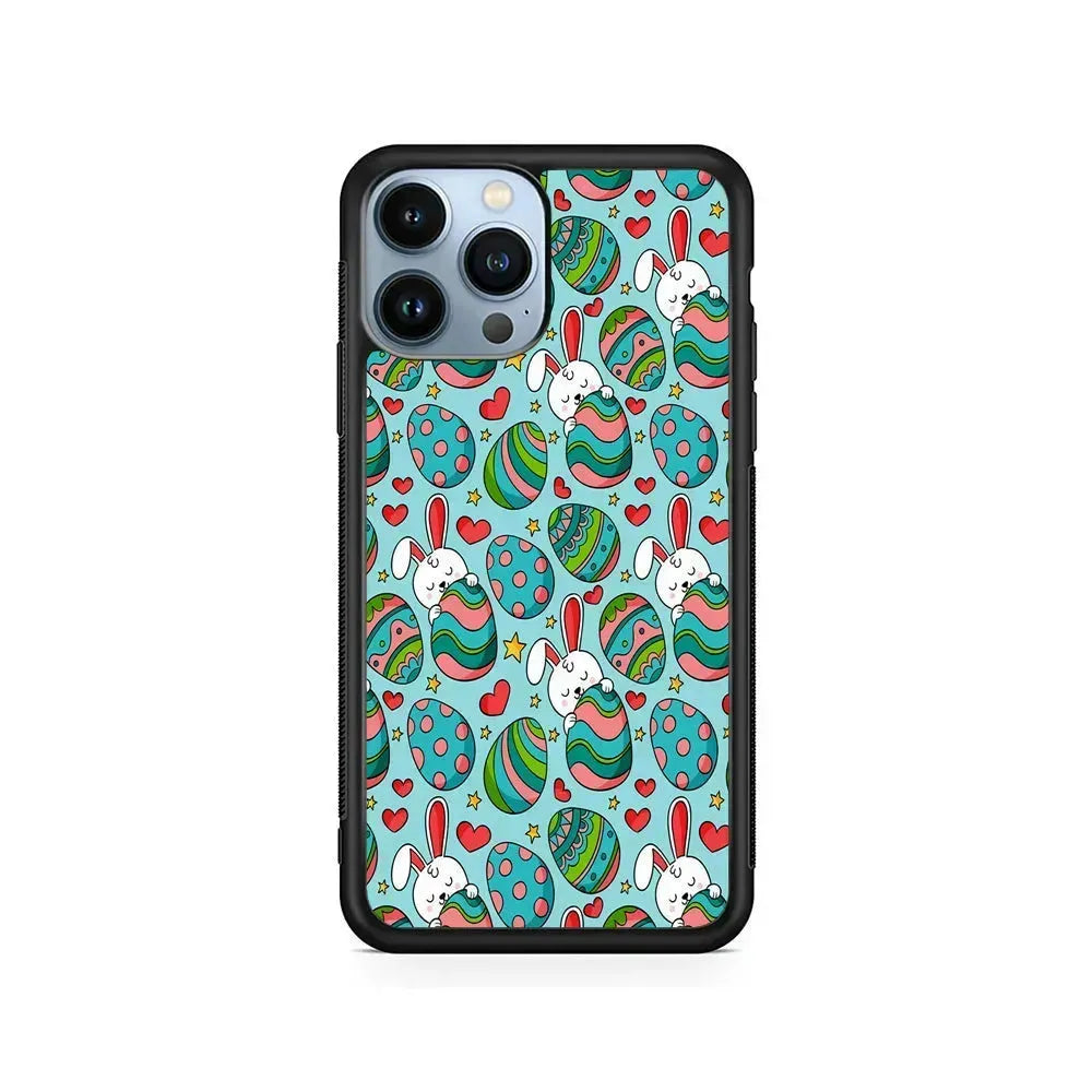 Easter Eggs and Rabbits Pattern iPhone 15 Pro Max Case-Rubber / Black (2D Case)-Xtracase