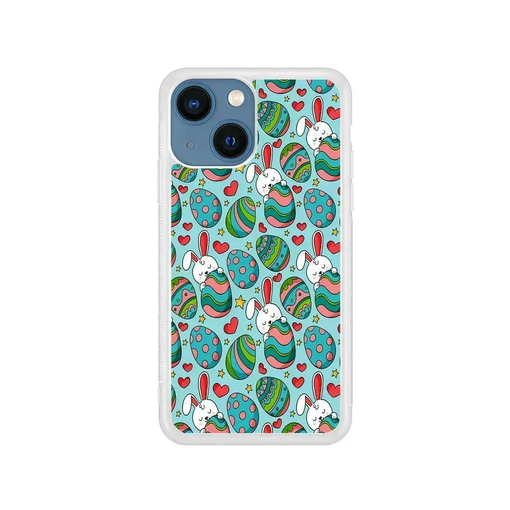 Easter Eggs and Rabbits Pattern iPhone 13 Mini Case-Rubber / White (2D Case)-Xtracase