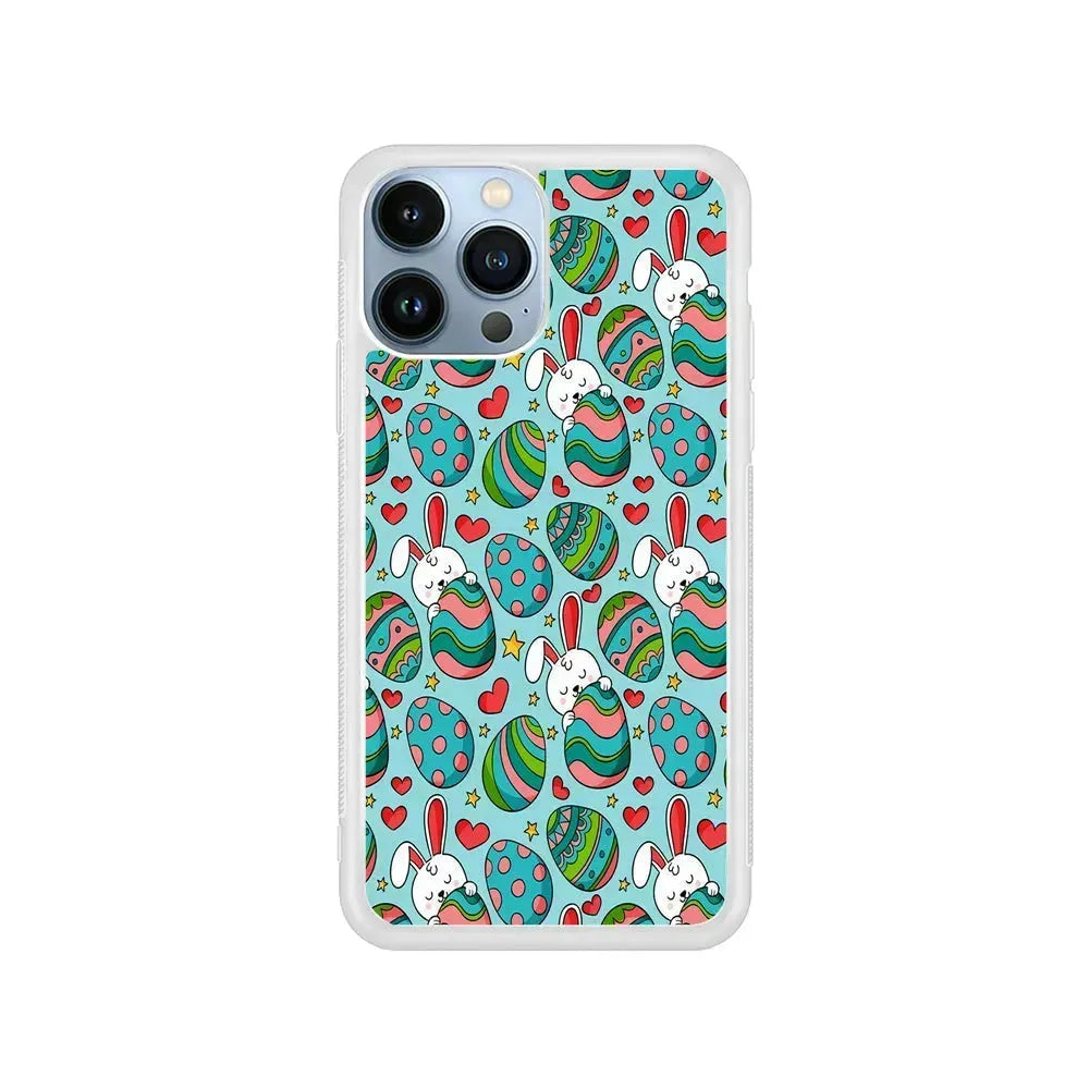 Easter Eggs and Rabbits Pattern iPhone 15 Pro Max Case-Rubber / White (2D Case)-Xtracase