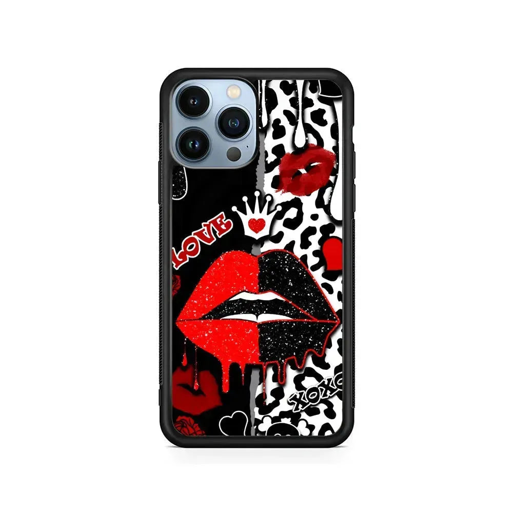 Girly Red Black Lips Kiss iPhone 15 Pro Max Case-Rubber / Black (2D Case)-Xtracase